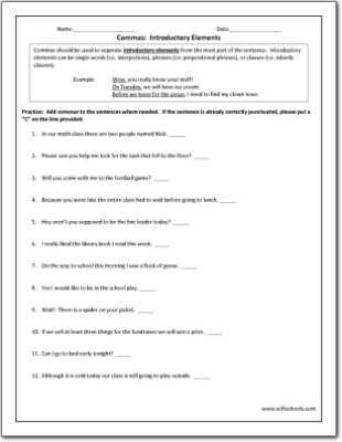 Commas: Introductory Elements Worksheet