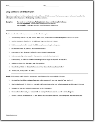 Using Commas to Set Off Interrupters Worksheet