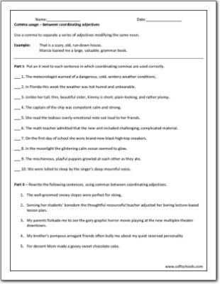 Comma usage – between coordinating adjectives Worksheet