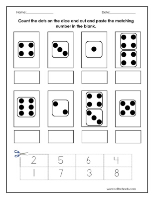 count the dots on the dice and cut and paste the matching number in the blank worksheet