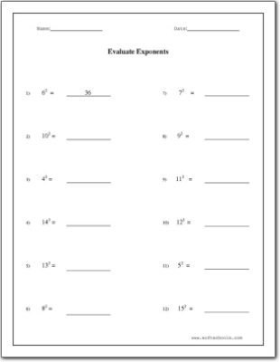 Evaluate Exponents Worksheet