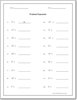 Evaluate Exponents Worksheet